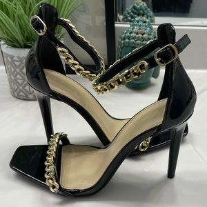 Black Patent High Heels with Chain Straps - Size 7